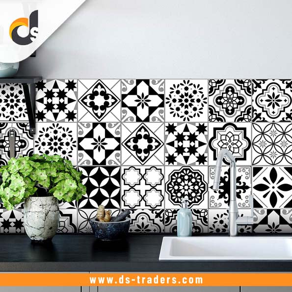 12pcs Black & White Tile Stickers – Waterproof Peel & Stick Home Decor
